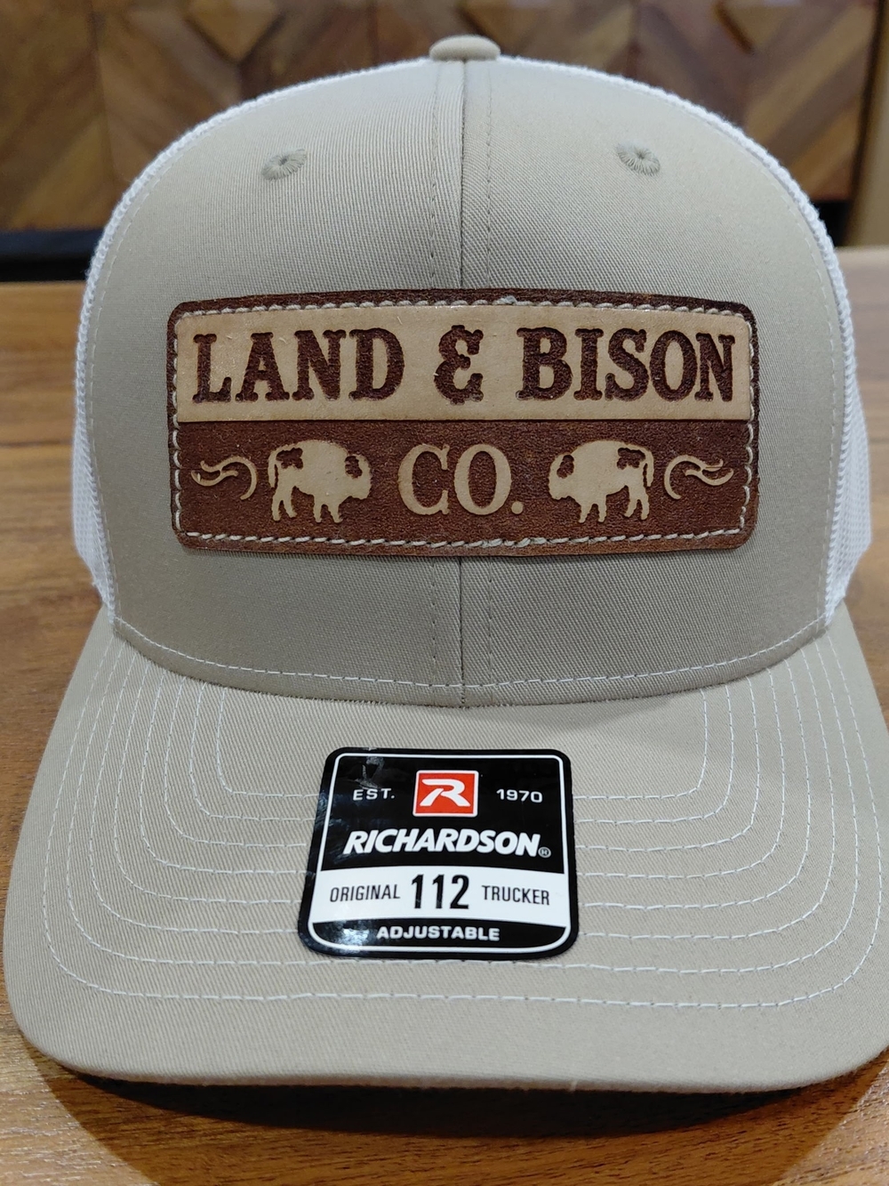 Land & Bison Co. Leather Patch Richardson 112 Trucker Hat - Khaki
